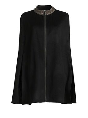 Carolyn Rowan Collection Embroidered Collar Wool and Cashmere Cape Black M/L